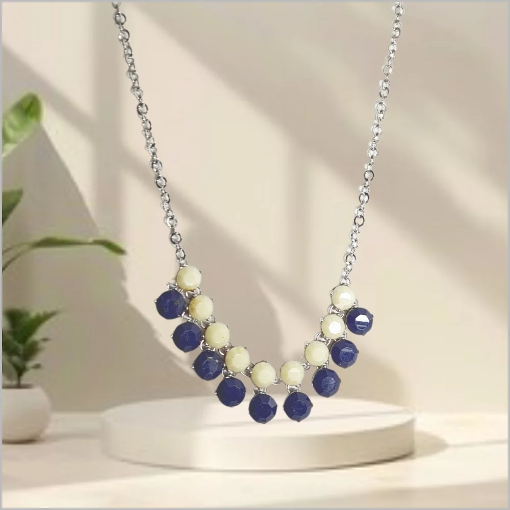 Elegant Blue and Cream Beads on Silver Tone Necklace